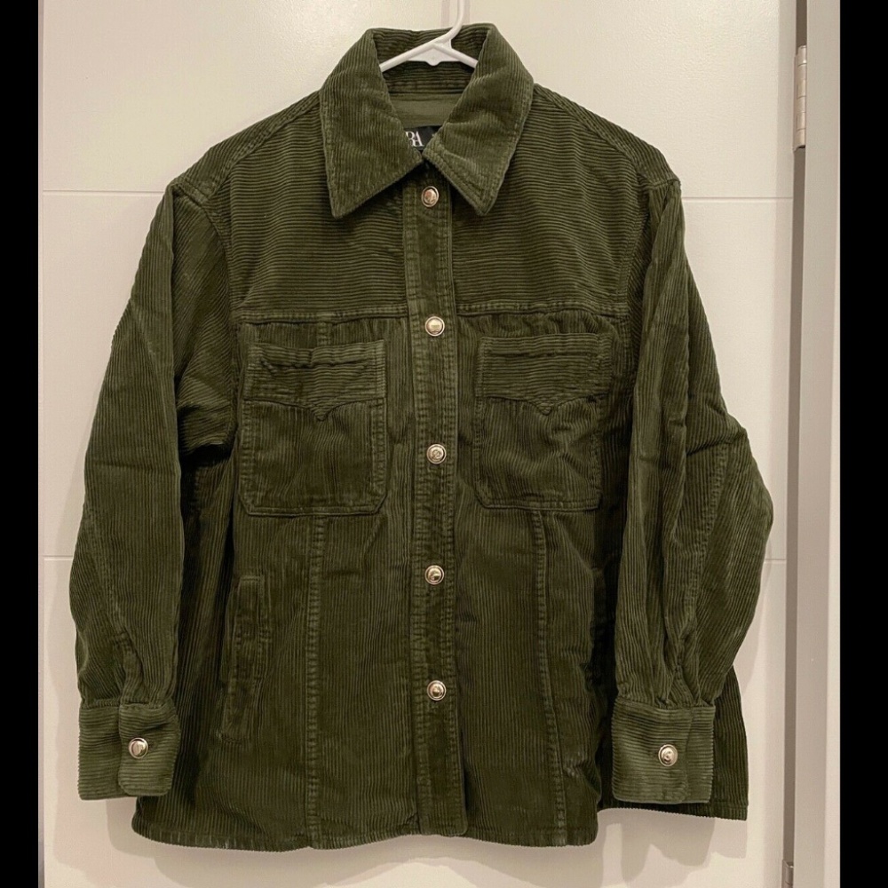 ZARA OLIVE GREEN Corduroy Cord Oversized Jacket Shacket Shirt Top XS military